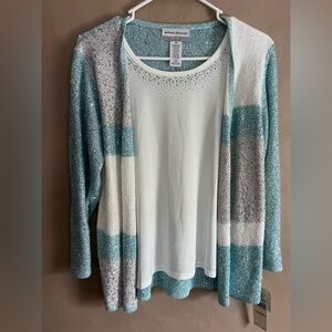 Alfred Dunner Teal and Gray Striped Cardigan